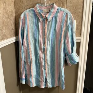 Studio Works Pastel Blue‎ Pink Striped Button Down Shirt 100% Linen Women's Sz L